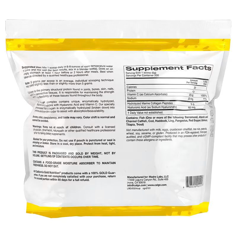 California Gold Nutrition, CollagenUP® Peptides de collagène marin hydrolysé à l'acide hyaluronique et à la vitamine C, Non aromatisés, 206g, 464g, 997g
