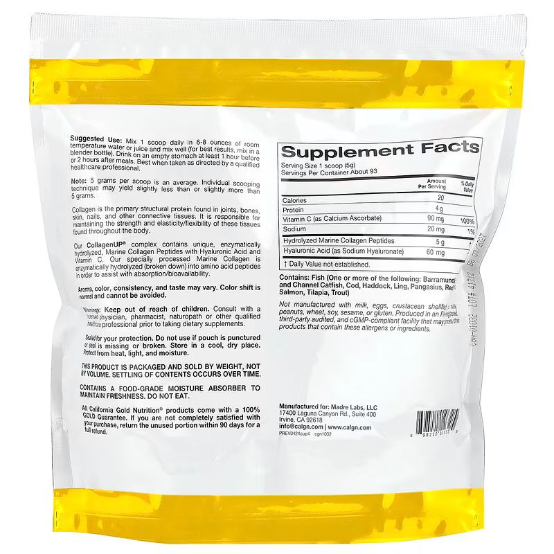 California Gold Nutrition, CollagenUP® Peptides de collagène marin hydrolysé à l'acide hyaluronique et à la vitamine C, Non aromatisés, 206g, 464g, 997g