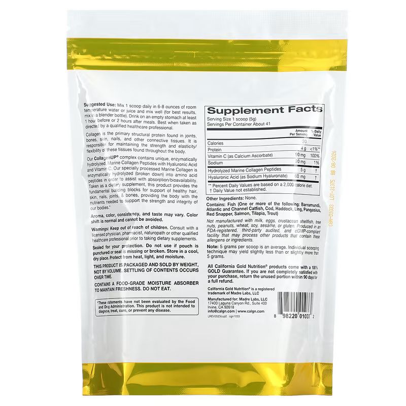 California Gold Nutrition, CollagenUP® Peptides de collagène marin hydrolysé à l'acide hyaluronique et à la vitamine C, Non aromatisés, 206g, 464g, 997g