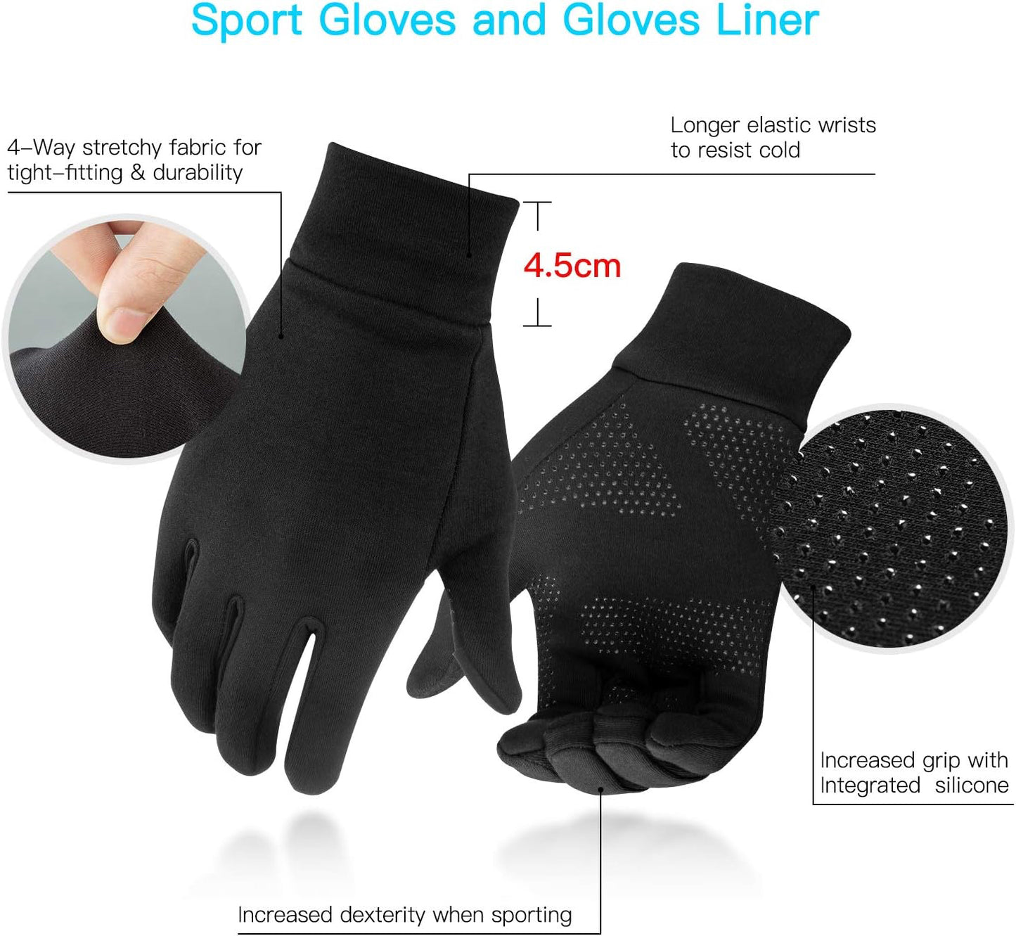 Unigear Gants Doublure Chauffants, sous Gants à Écran Tactile Gants de Cyclisme Gants de Course à Pied Coupe-Vent Respirant Antidérapant Idéal pour Vélo Exercice Sport Running Ski Snowboard Moto