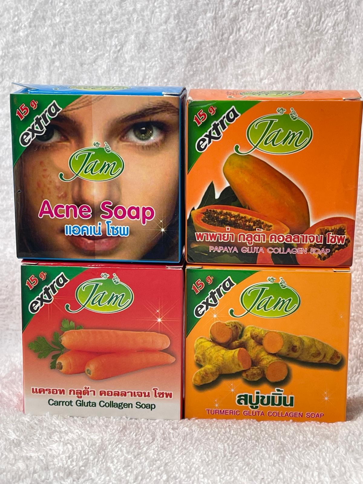 JAM LOT DE 4 SAVON ULTRA ÉCLAIRCISSANTE ATI IMPERFECTION : SAVON TURMERIC GLUTA COLLAGNES , SAVON CAROTTE GLUTA COLLAGENE , SAVON PAPAYE GLUTA COLLAGÈNE