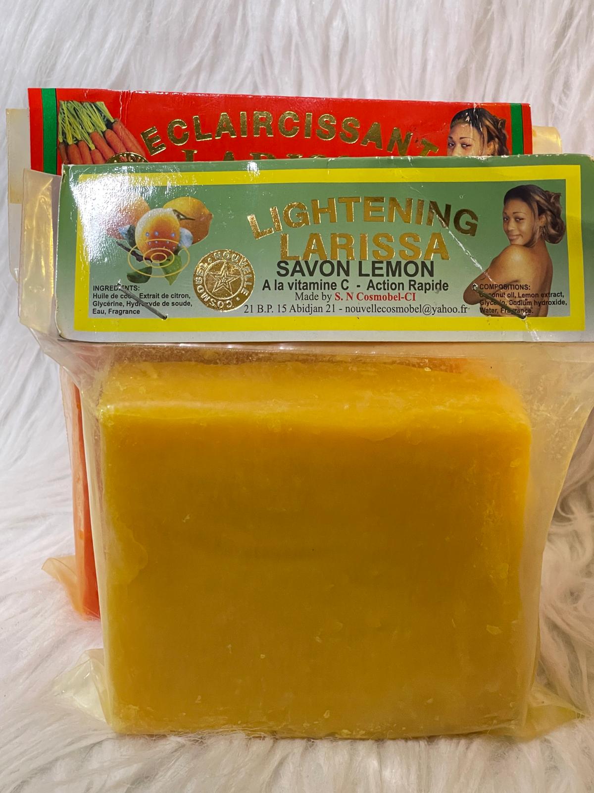 Larissa lait corporel ultra éclaircissant unifiant anti imperfection et le savon Larissa Lemon