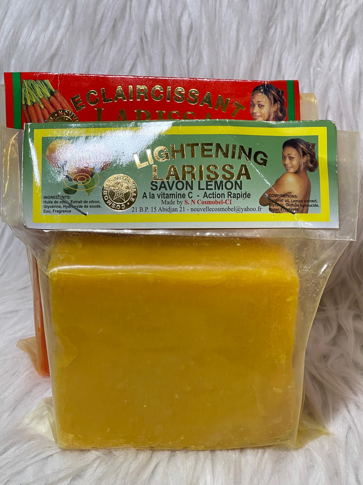 Larissa lait corporel ultra éclaircissant unifiant anti imperfection et le savon Larissa Lemon