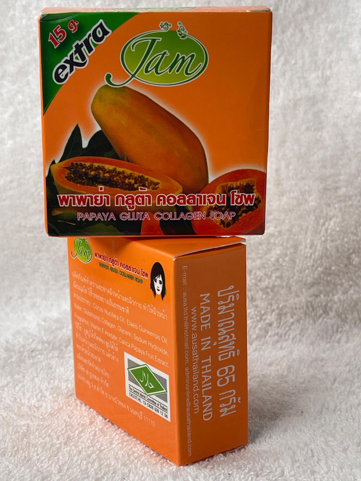JAM LOT DE 4 SAVON ULTRA ÉCLAIRCISSANTE ATI IMPERFECTION : SAVON TURMERIC GLUTA COLLAGNES , SAVON CAROTTE GLUTA COLLAGENE , SAVON PAPAYE GLUTA COLLAGÈNE