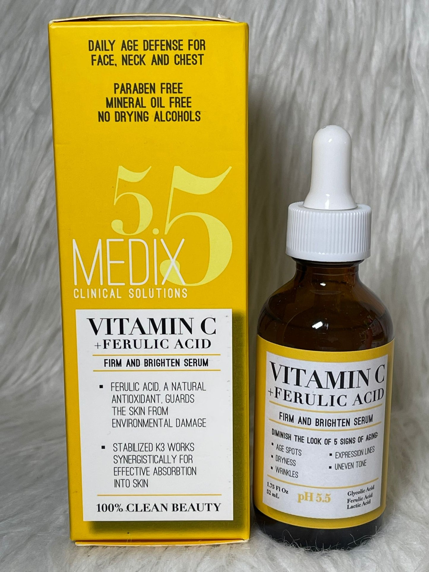 Medix 5.5 Sérum à la vitamine C ultra éclaircissant anti imperfection avec acide glycolique, acide férulique et acide lactique. Sérum visage pour taches sombres, rides, décoloration de la peau et peau sèche. 52 ml