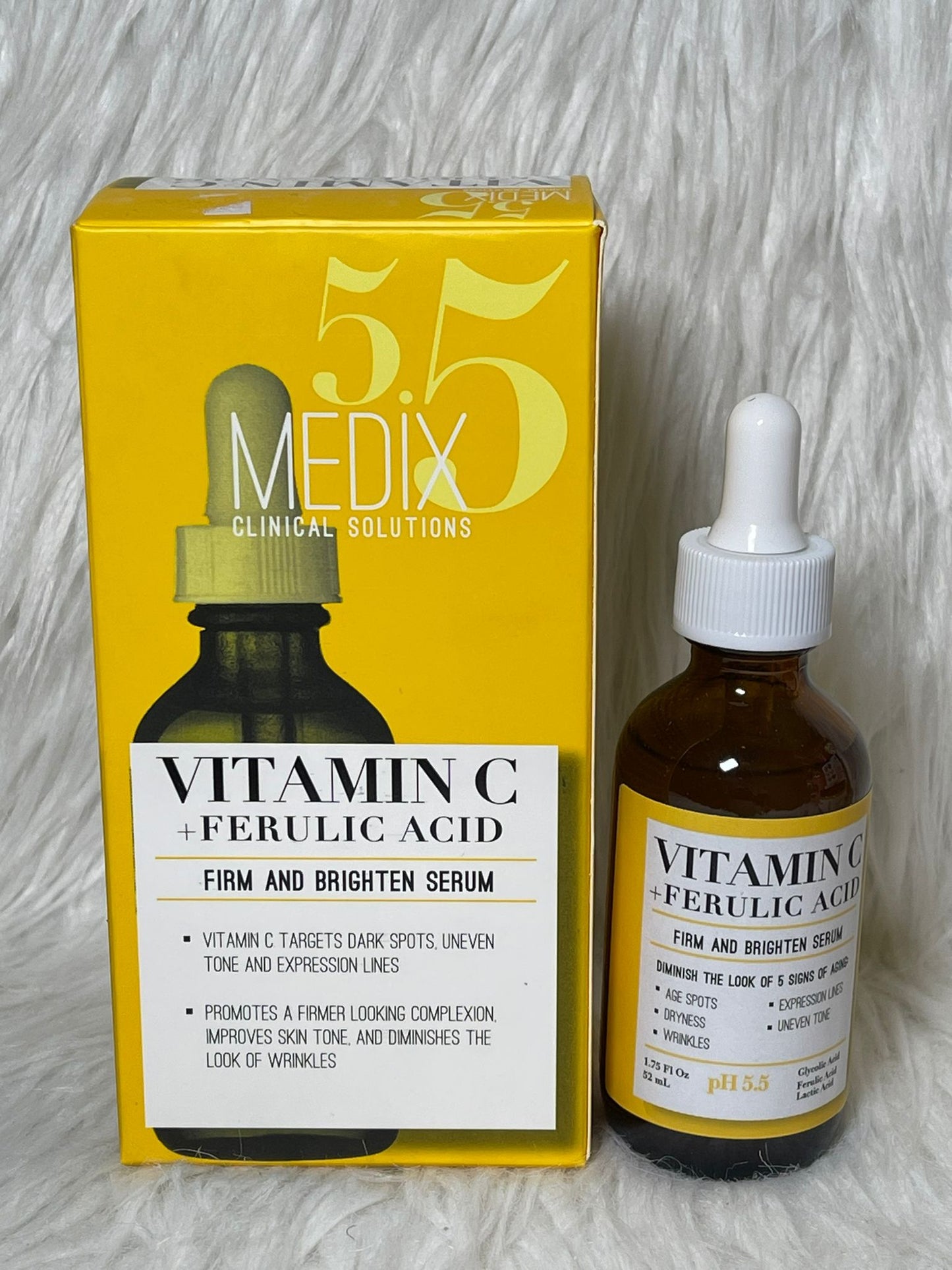 Medix 5.5 Sérum à la vitamine C ultra éclaircissant anti imperfection avec acide glycolique, acide férulique et acide lactique. Sérum visage pour taches sombres, rides, décoloration de la peau et peau sèche. 52 ml