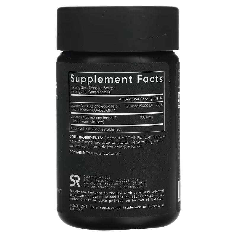 Sports Research, Vitamines D3 + K2, Origine végétale, 60 capsules à enveloppe molle végétales