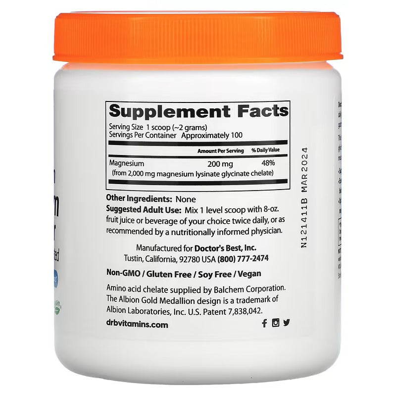 Doctor's Best, Poudre de magnésium à haute absorption, 200 g