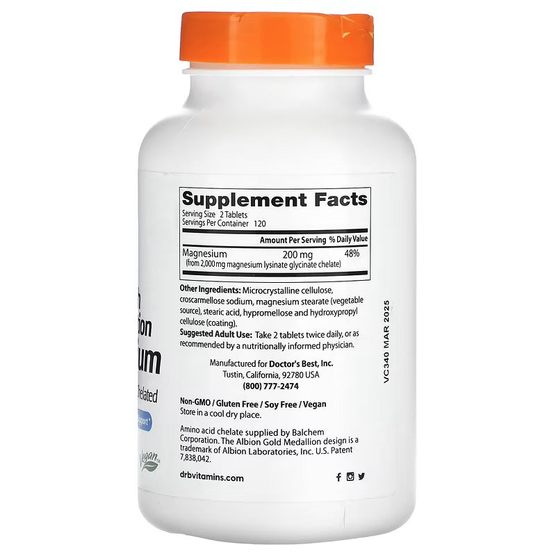 Doctor's Best, Magnésium 100 % chélaté à haute absorption avec Albion Minerals, 100 mg, 240 comprimés