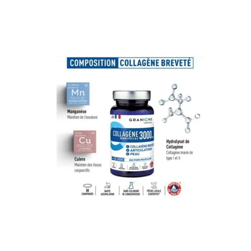 COLLAGÈNE MARIN • TYPE I & II • 3000 MG • 80 COMPRIMÉS - 20 JOURS