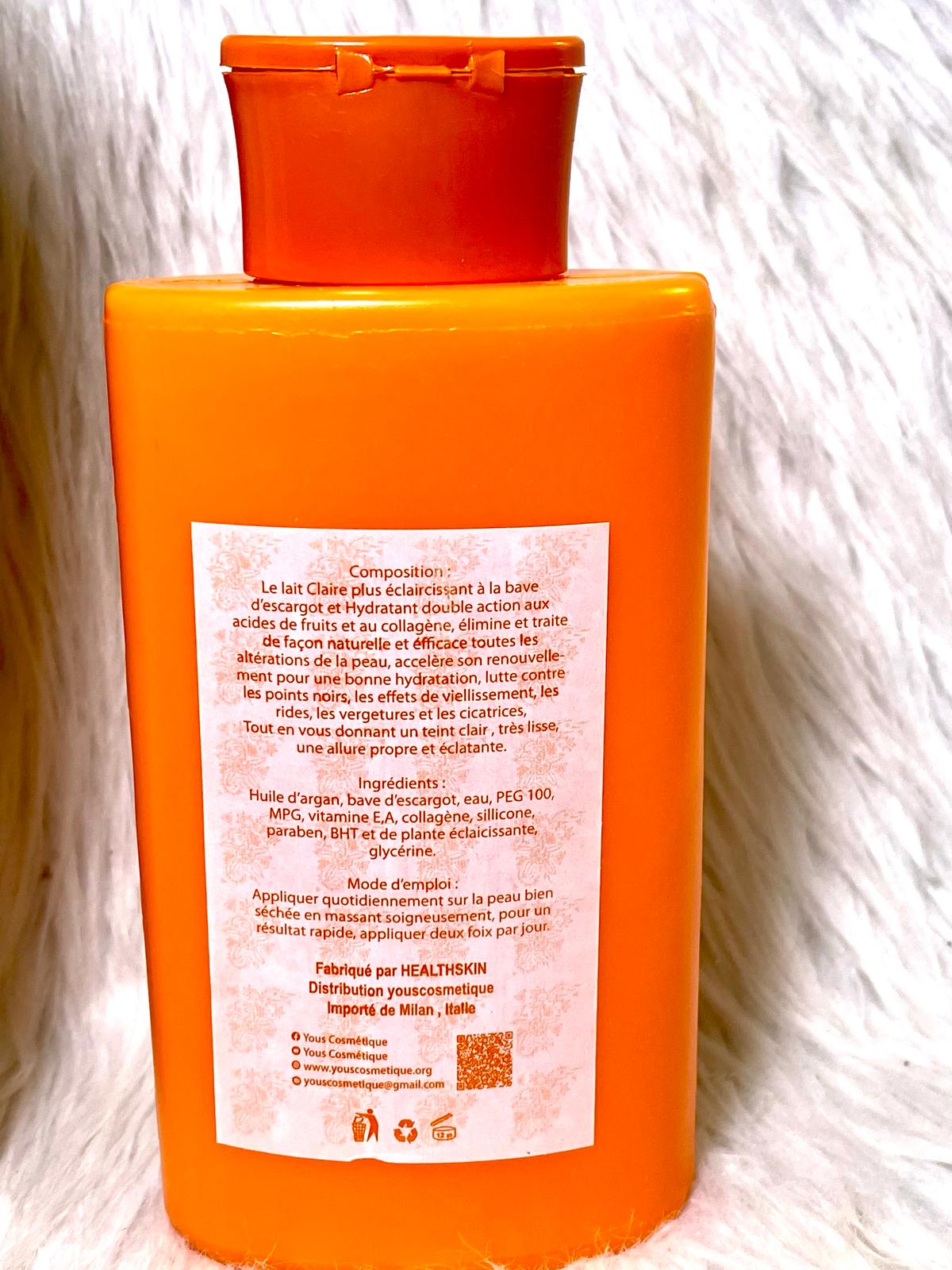 CLAIRE + PLUS LAIT ULTRA ÉCLAIRCISSANT HYDRATANT NOURRISSANT ANTI IMPERFECTION A BASE DE BAVE D'ESCARGOT 500ML