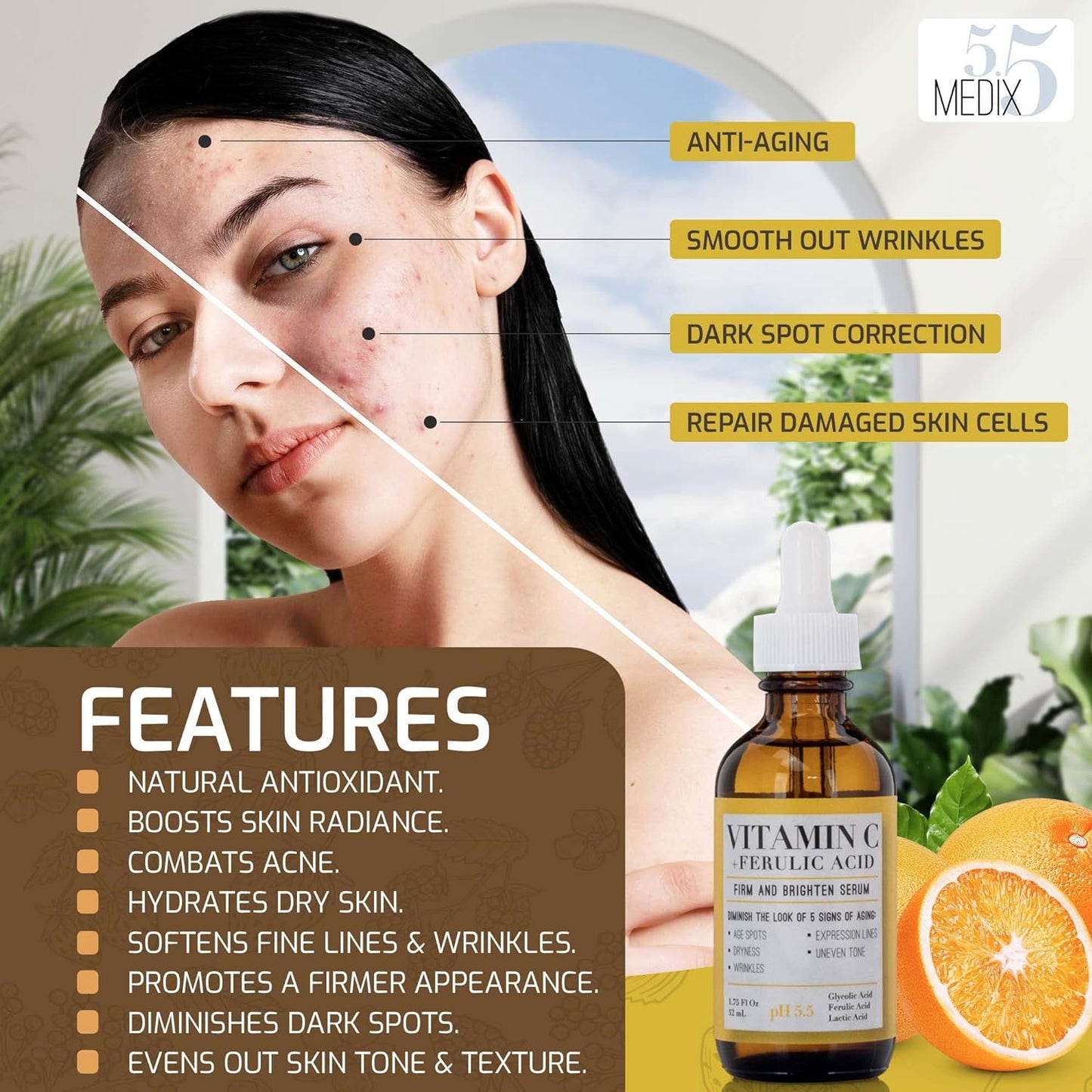 Medix 5.5 Sérum à la vitamine C ultra éclaircissant anti imperfection avec acide glycolique, acide férulique et acide lactique. Sérum visage pour taches sombres, rides, décoloration de la peau et peau sèche. 52 ml