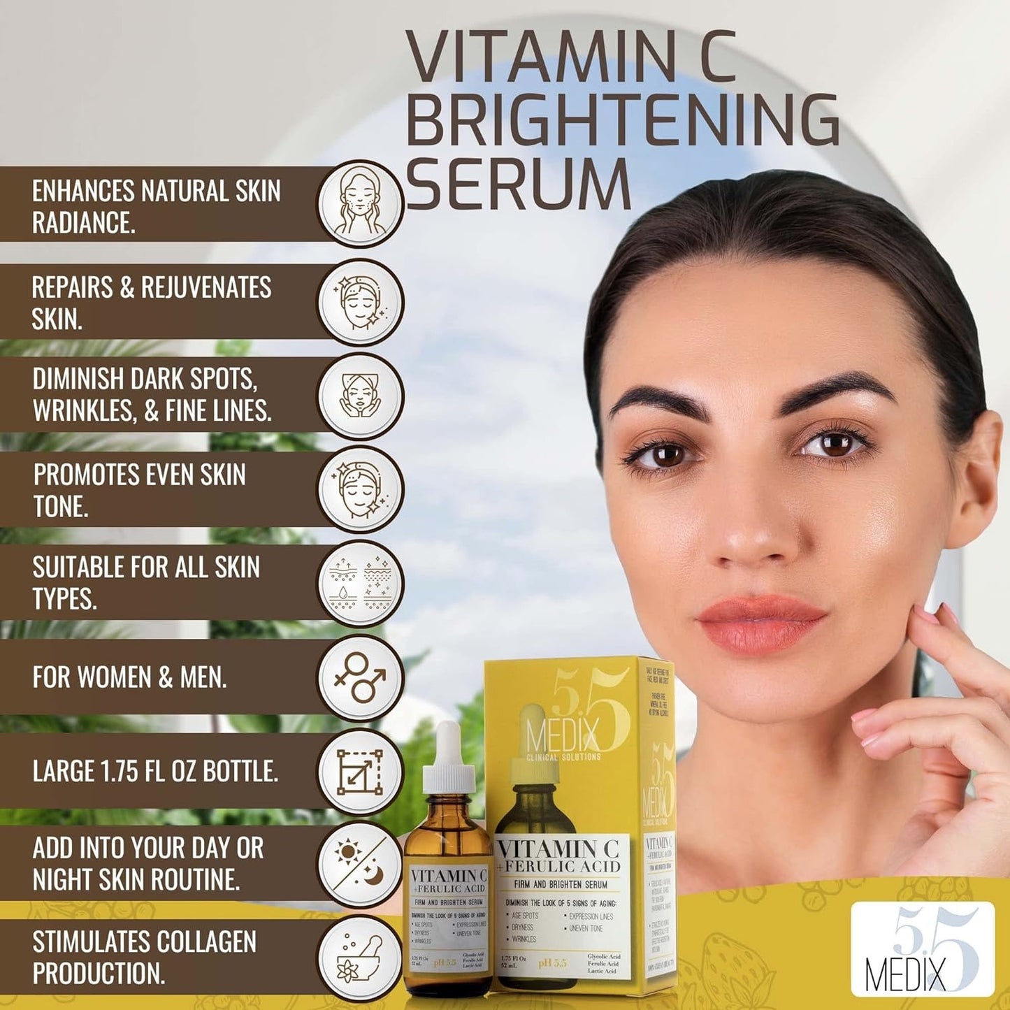 Medix 5.5 Sérum à la vitamine C ultra éclaircissant anti imperfection avec acide glycolique, acide férulique et acide lactique. Sérum visage pour taches sombres, rides, décoloration de la peau et peau sèche. 52 ml