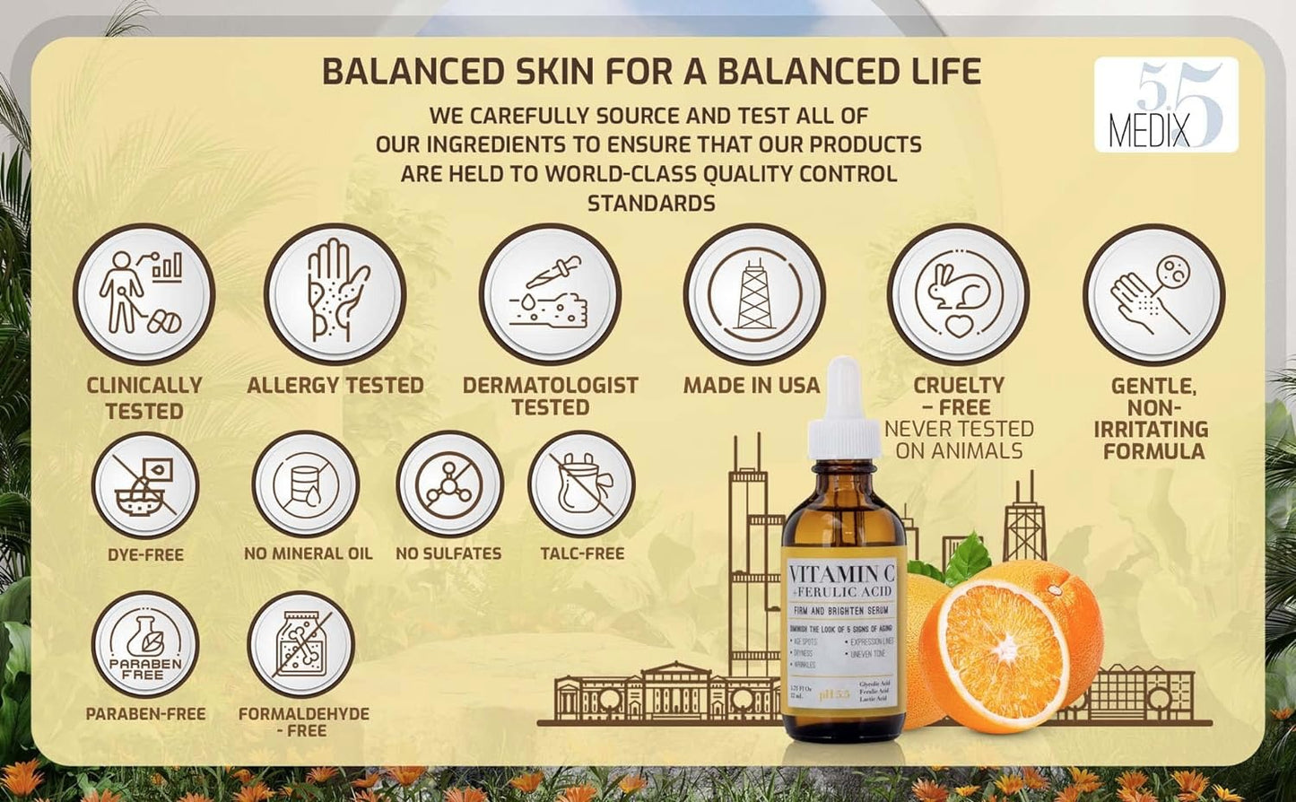 Medix 5.5 Sérum à la vitamine C ultra éclaircissant anti imperfection avec acide glycolique, acide férulique et acide lactique. Sérum visage pour taches sombres, rides, décoloration de la peau et peau sèche. 52 ml