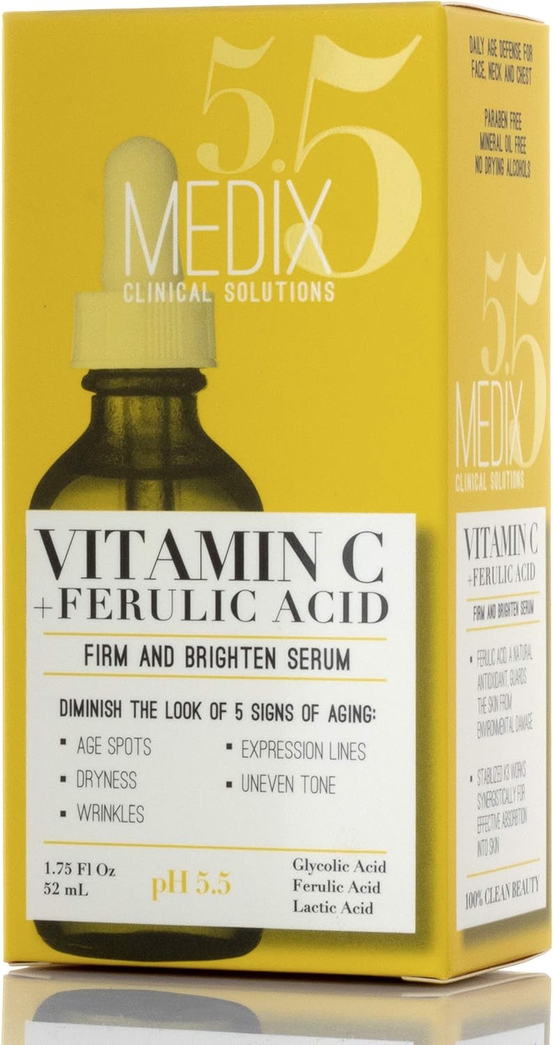 Medix 5.5 Sérum à la vitamine C ultra éclaircissant anti imperfection avec acide glycolique, acide férulique et acide lactique. Sérum visage pour taches sombres, rides, décoloration de la peau et peau sèche. 52 ml