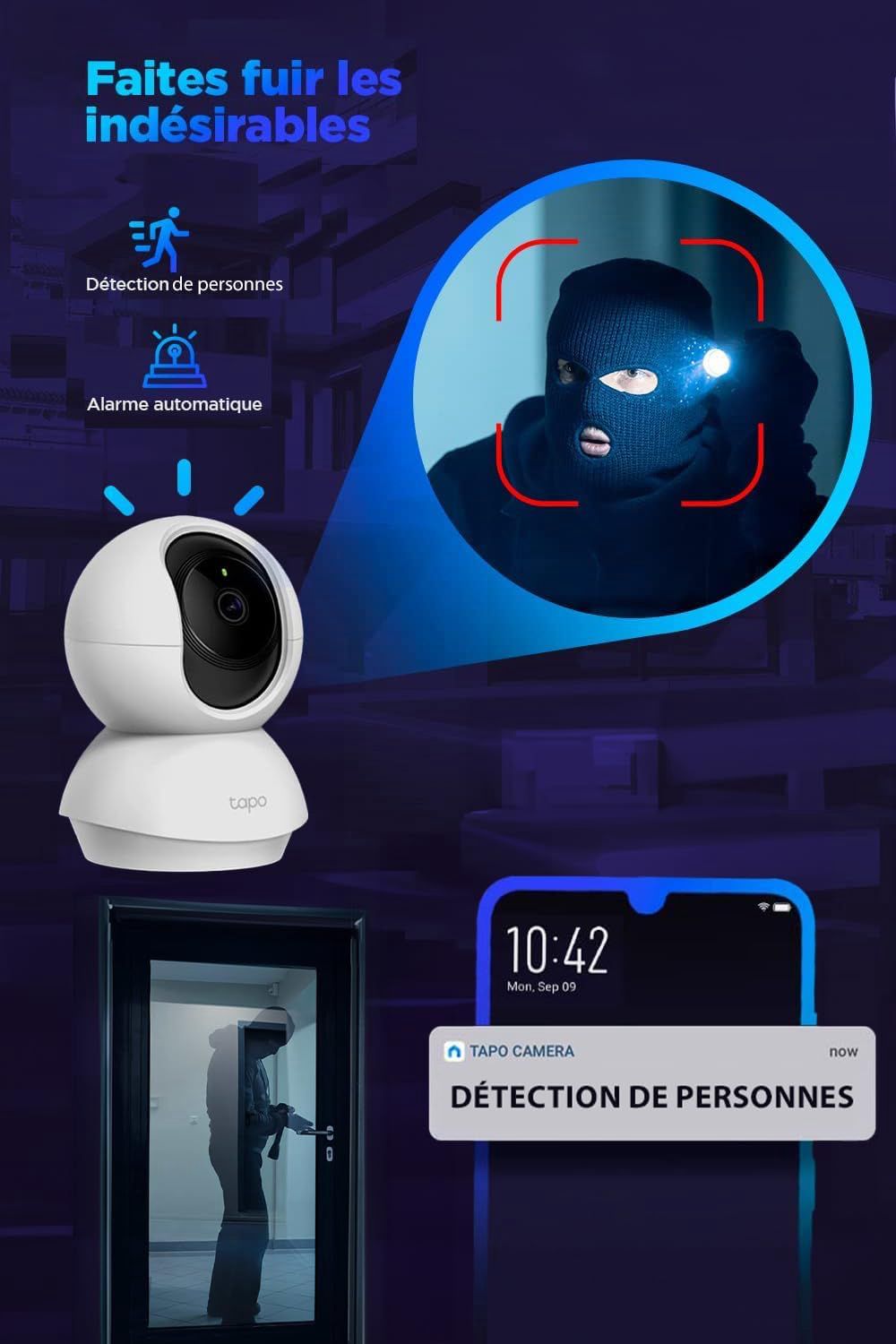 TP-Link Tapo Caméra Surveillance WiFi intérieure 360° 1080p C200, Vision nocturne, Notifications en temps réel, Détection de personne, Suivi de mouvement, Télécommande, Compatible avec Alexa