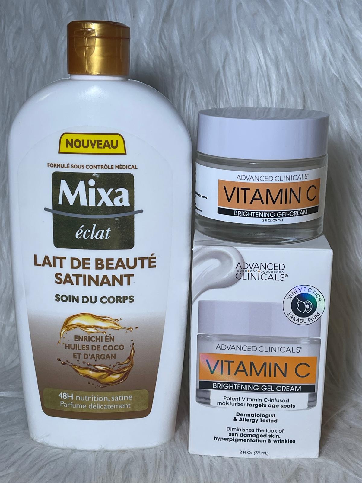 Gamme Mixa éclat et duo vitamine c ultra éclaircissant anti imperfection traitement des taches et vergetures soins corporel et visage