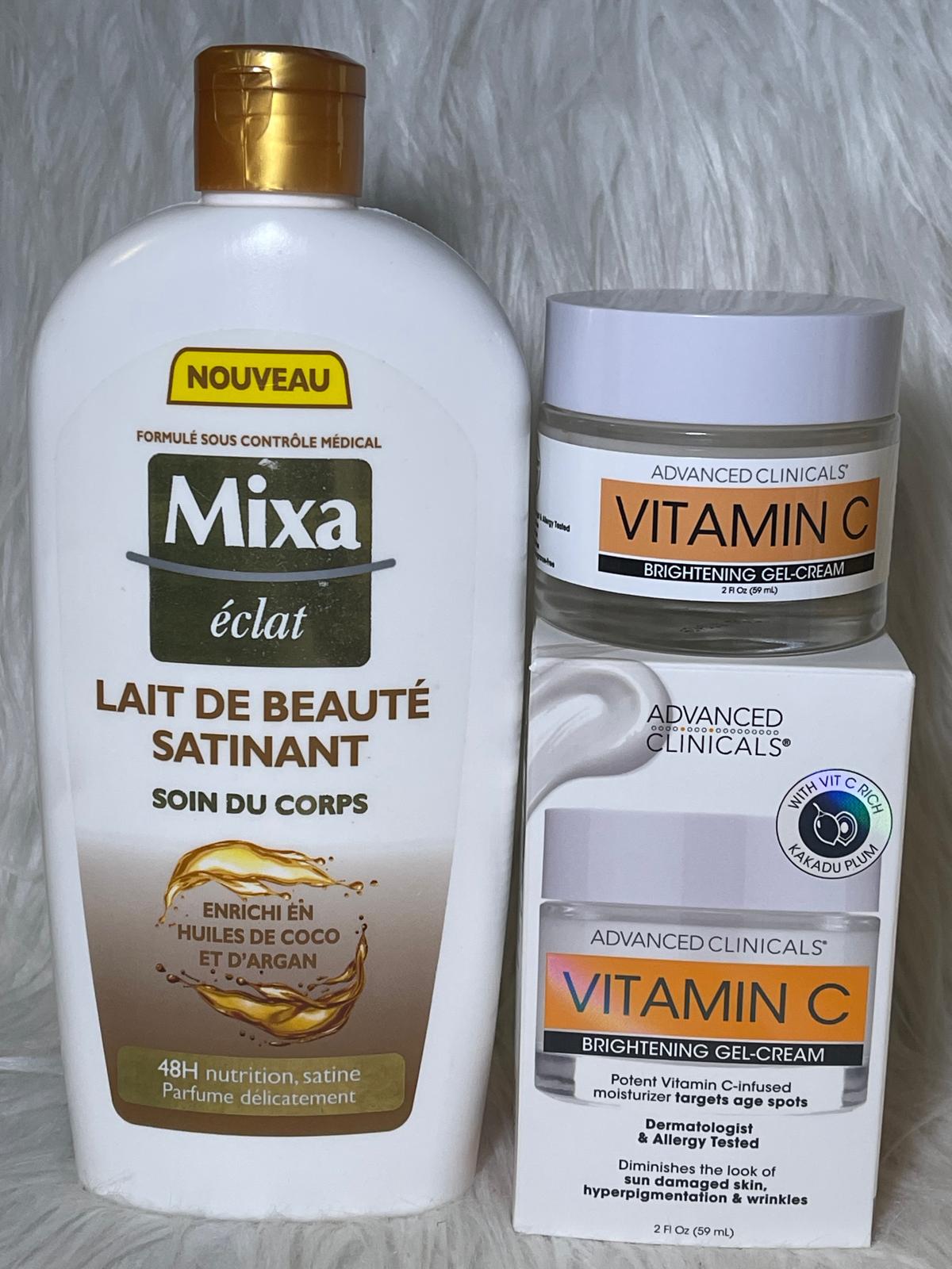 Gamme Mixa éclat et duo vitamine c ultra éclaircissant anti imperfection traitement des taches et vergetures soins corporel et visage