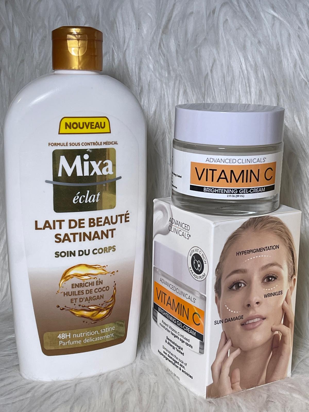Gamme Mixa éclat et duo vitamine c ultra éclaircissant anti imperfection traitement des taches et vergetures soins corporel et visage