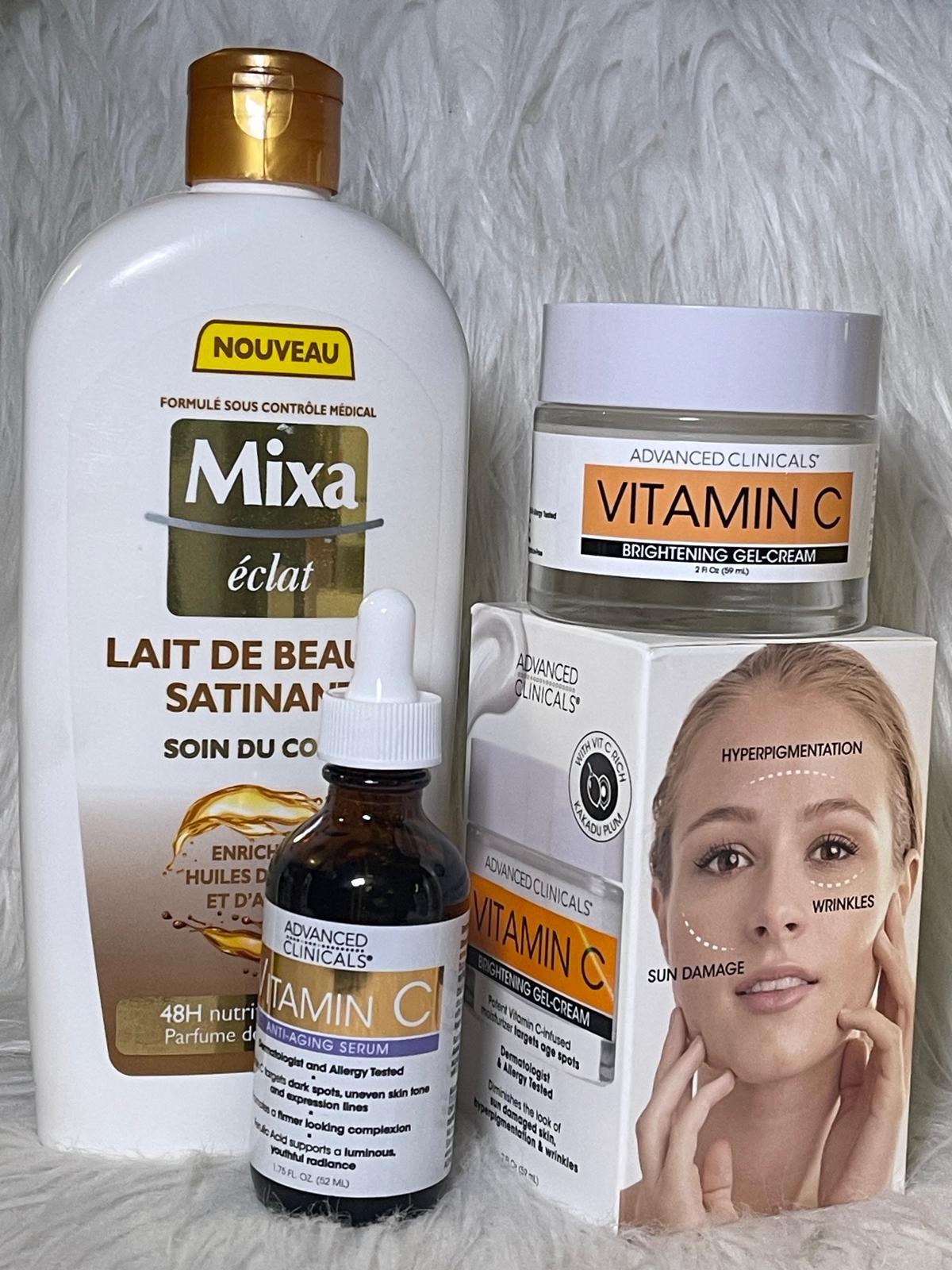 Gamme Mixa éclat et duo vitamine c ultra éclaircissant anti imperfection traitement des taches et vergetures soins corporel et visage