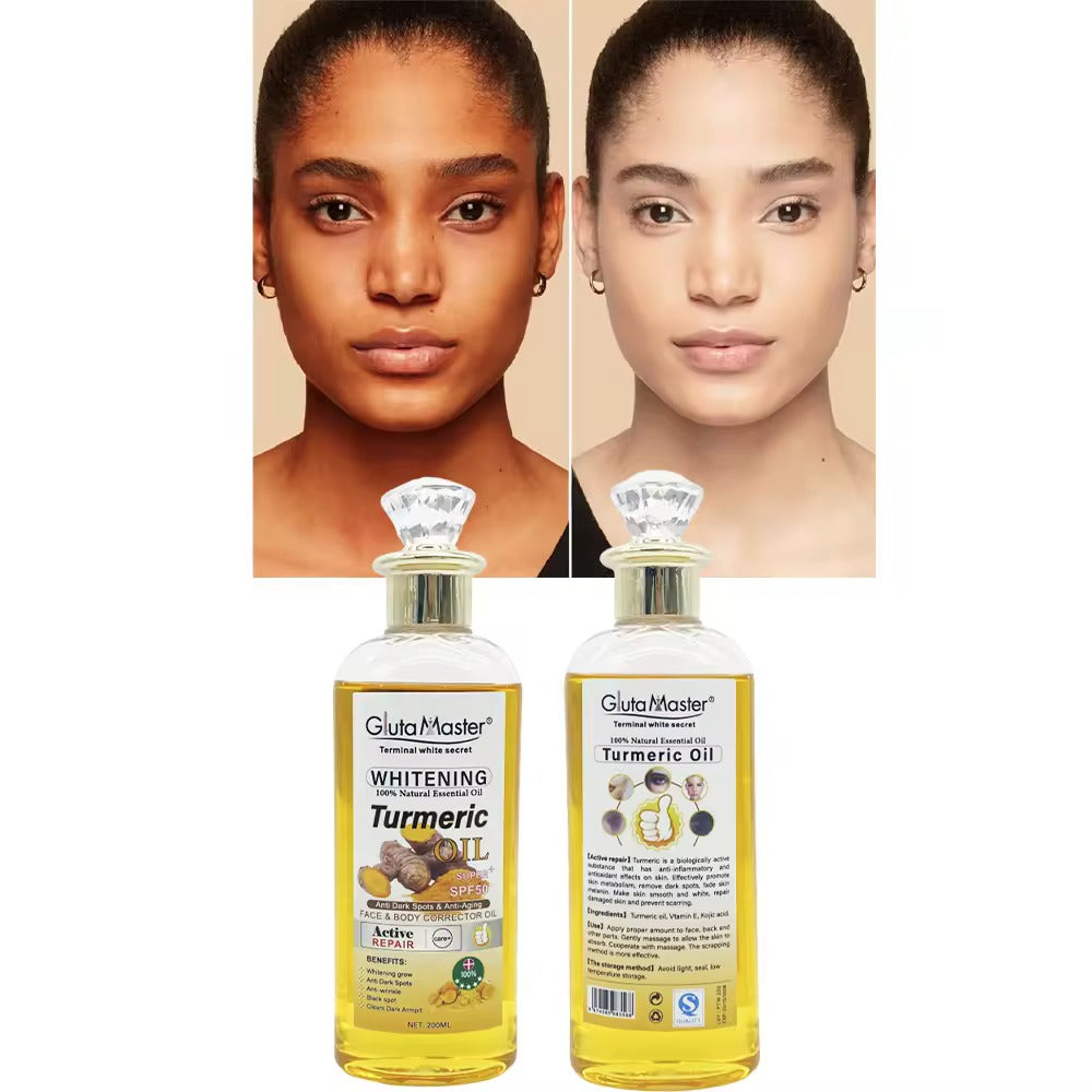 Gluta Master huile de curcuma blanchissante 100% naturelle avec acide kojique anti-taches et anti-âge SPF 50 + huile pour le visage et le corps