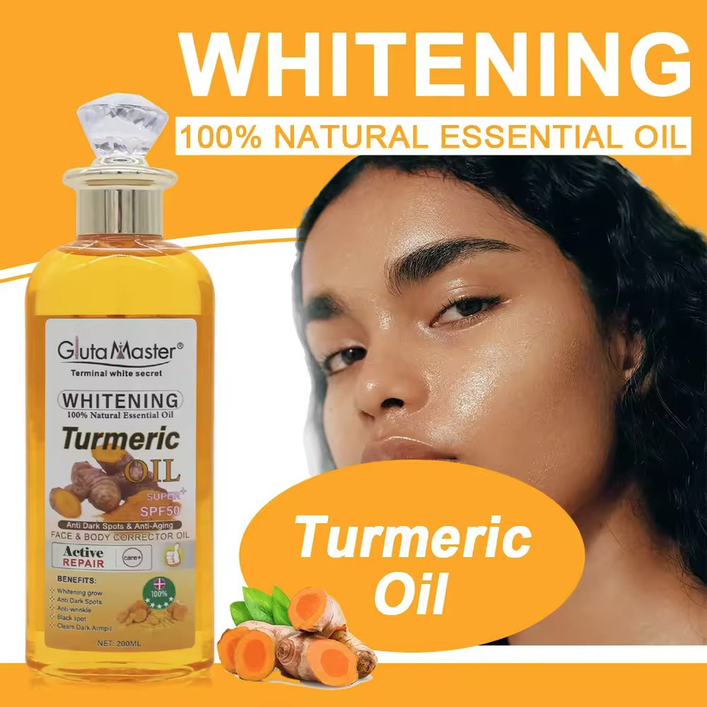 Gluta Master huile de curcuma blanchissante 100% naturelle avec acide kojique anti-taches et anti-âge SPF 50 + huile pour le visage et le corps