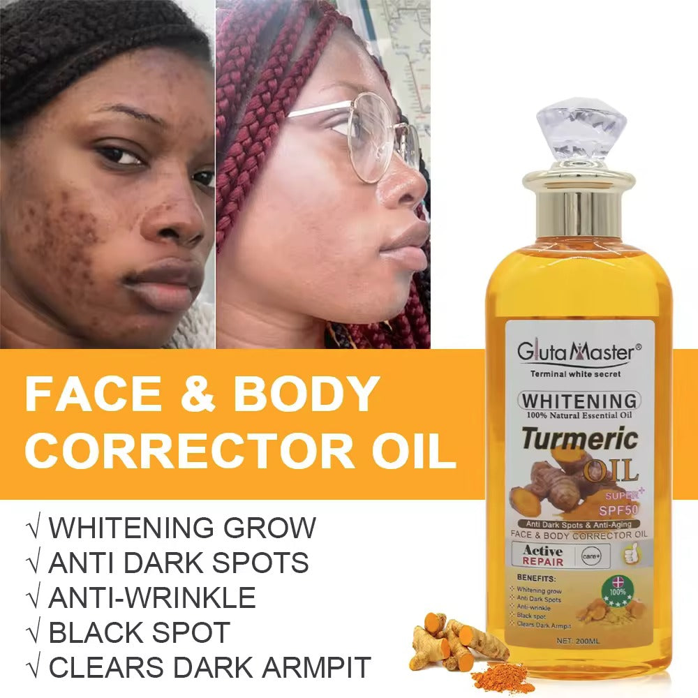 Gluta Master huile de curcuma blanchissante 100% naturelle avec acide kojique anti-taches et anti-âge SPF 50 + huile pour le visage et le corps