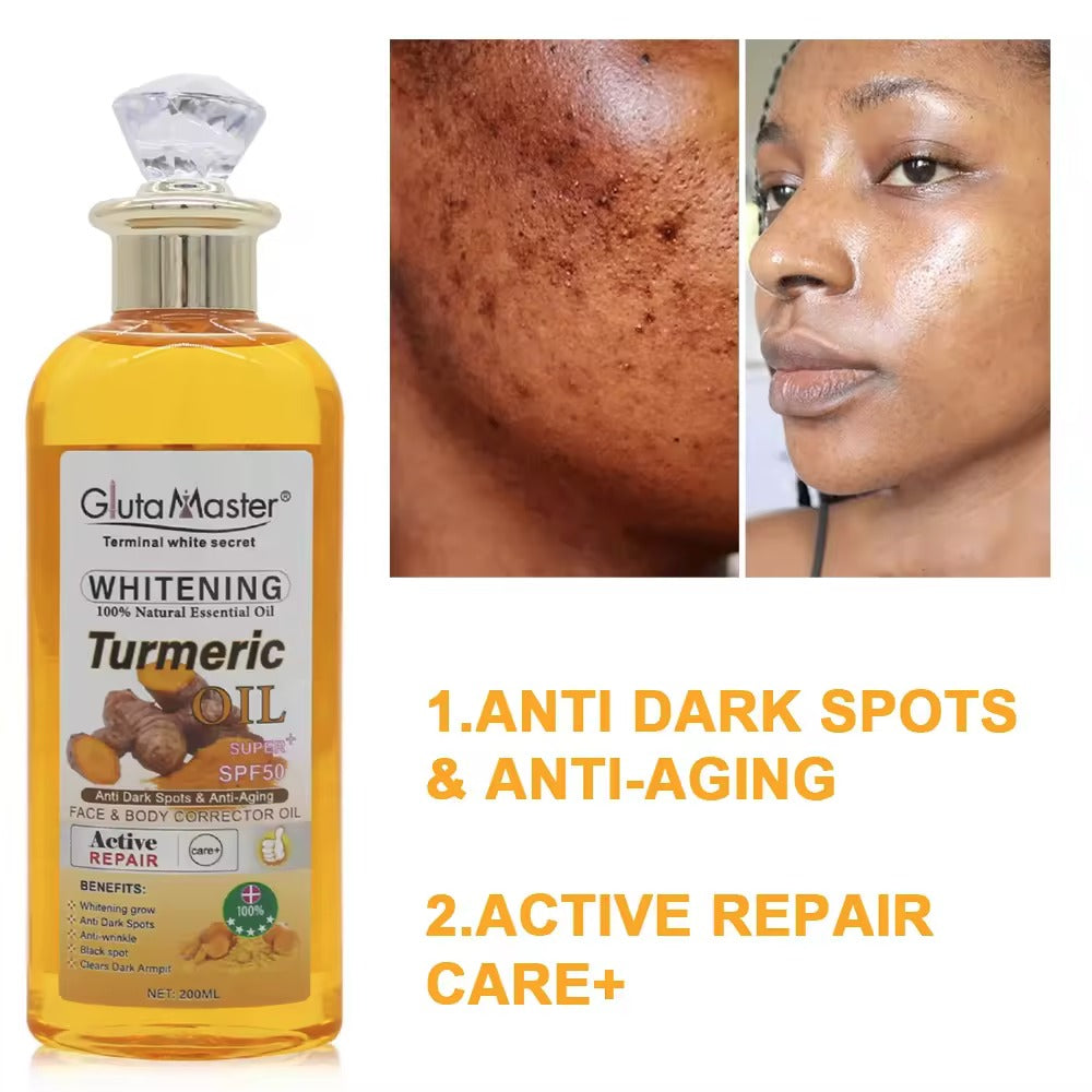 Gluta Master huile de curcuma blanchissante 100% naturelle avec acide kojique anti-taches et anti-âge SPF 50 + huile pour le visage et le corps