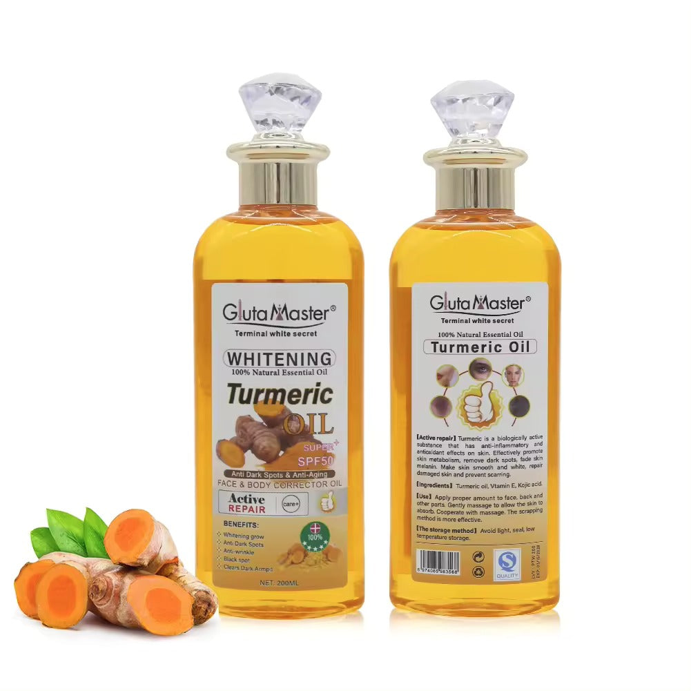 Gluta Master huile de curcuma blanchissante 100% naturelle avec acide kojique anti-taches et anti-âge SPF 50 + huile pour le visage et le corps