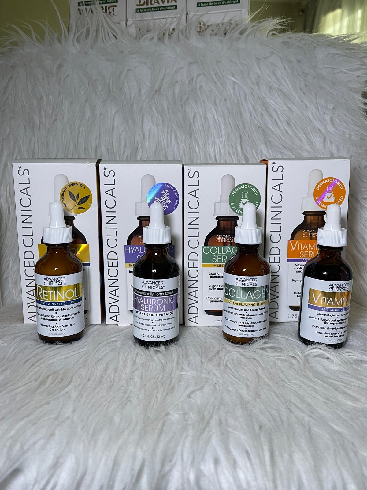 Advanced clinical lot de 4 sérums vitamine c , hyaluroniqe acide , retinol , collagène ultra éclaircissant anti imperfection anti age rajeunissant