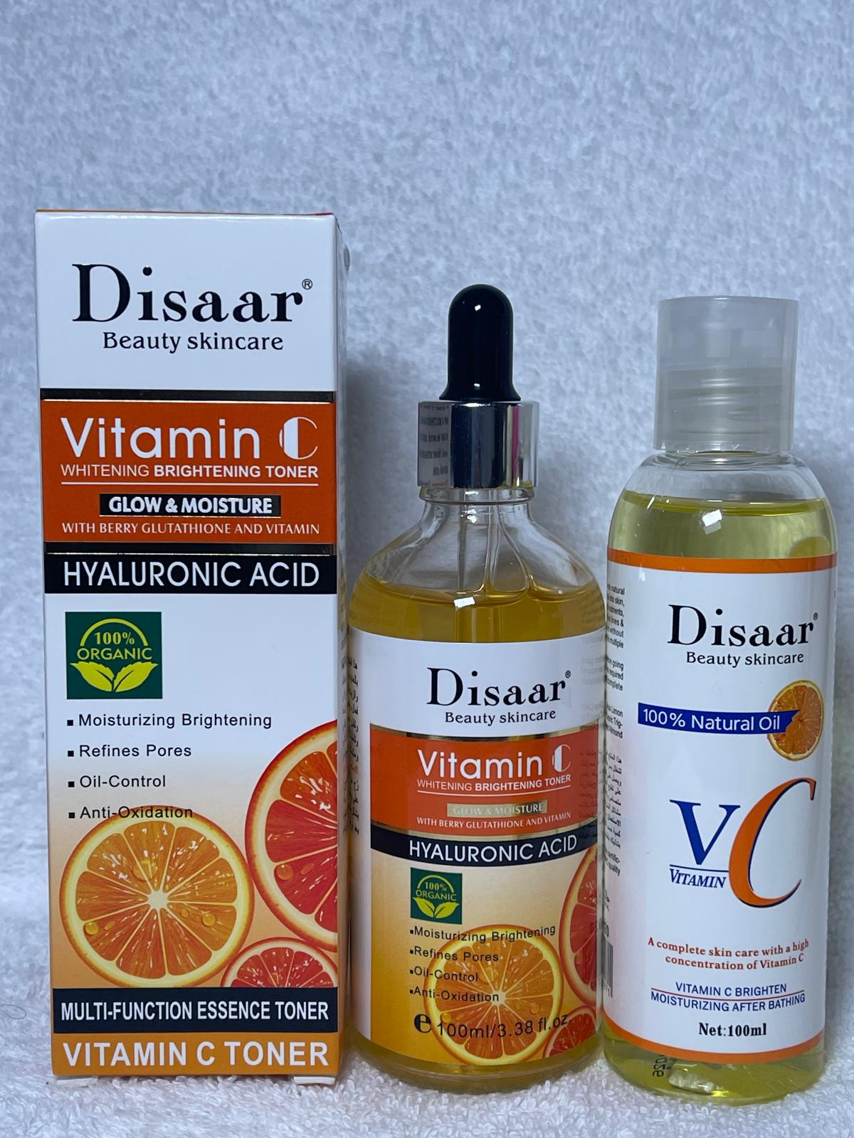 DISAAR  BEST DUO  HUIL ULTRA ÉCLAIRCISSANTE VITAMINE C ET ESSENCE TONER MUTIFONTION ANTI IMPERFECTION VITAMINE C HYALURONIC ACIDE GLOW INTENSE