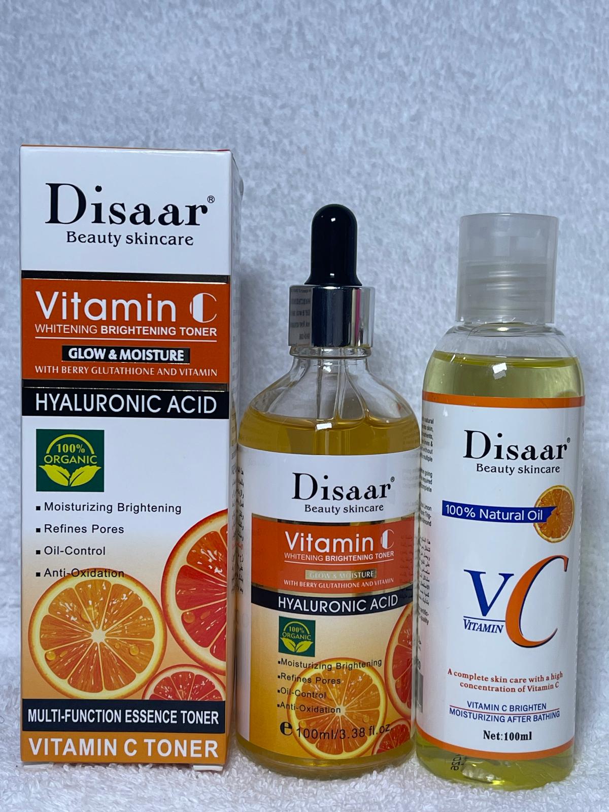 DISAAR  BEST DUO  HUIL ULTRA ÉCLAIRCISSANTE VITAMINE C ET ESSENCE TONER MUTIFONTION ANTI IMPERFECTION VITAMINE C HYALURONIC ACIDE GLOW INTENSE