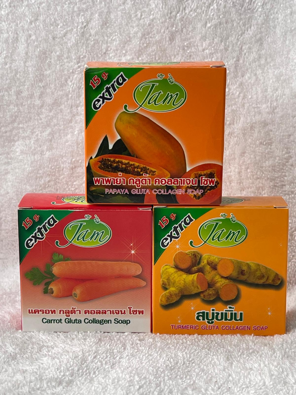 JAM LOT DE 4 SAVON ULTRA ÉCLAIRCISSANTE ATI IMPERFECTION : SAVON TURMERIC GLUTA COLLAGNES , SAVON CAROTTE GLUTA COLLAGENE , SAVON PAPAYE  GLUTA  COLLAGÈNE