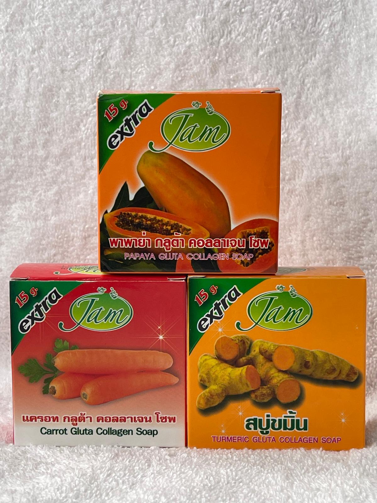 JAM LOT DE 4 SAVON ULTRA ÉCLAIRCISSANTE ATI IMPERFECTION : SAVON TURMERIC GLUTA COLLAGNES , SAVON CAROTTE GLUTA COLLAGENE , SAVON PAPAYE  GLUTA  COLLAGÈNE