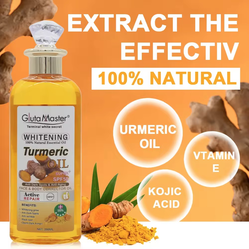 Gluta Master huile de curcuma blanchissante 100% naturelle avec acide kojique anti-taches et anti-âge SPF 50 + huile pour le visage et le corps