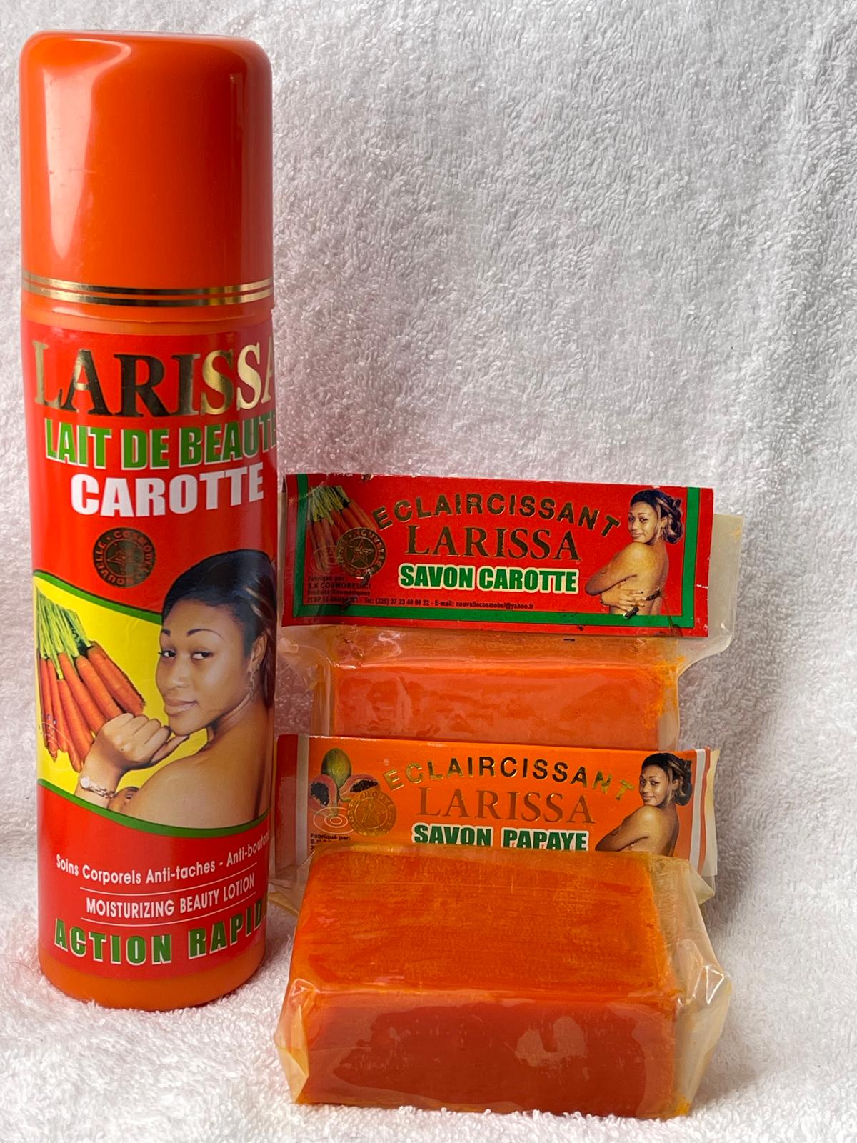 LARISSA LAIT CORPOREL ET LOT DE 3 SAVON LARISSA CATOTTES PAPAYE , LEMON ULTRA ÉCLAIRCISSANT ANTI IMERFECTION