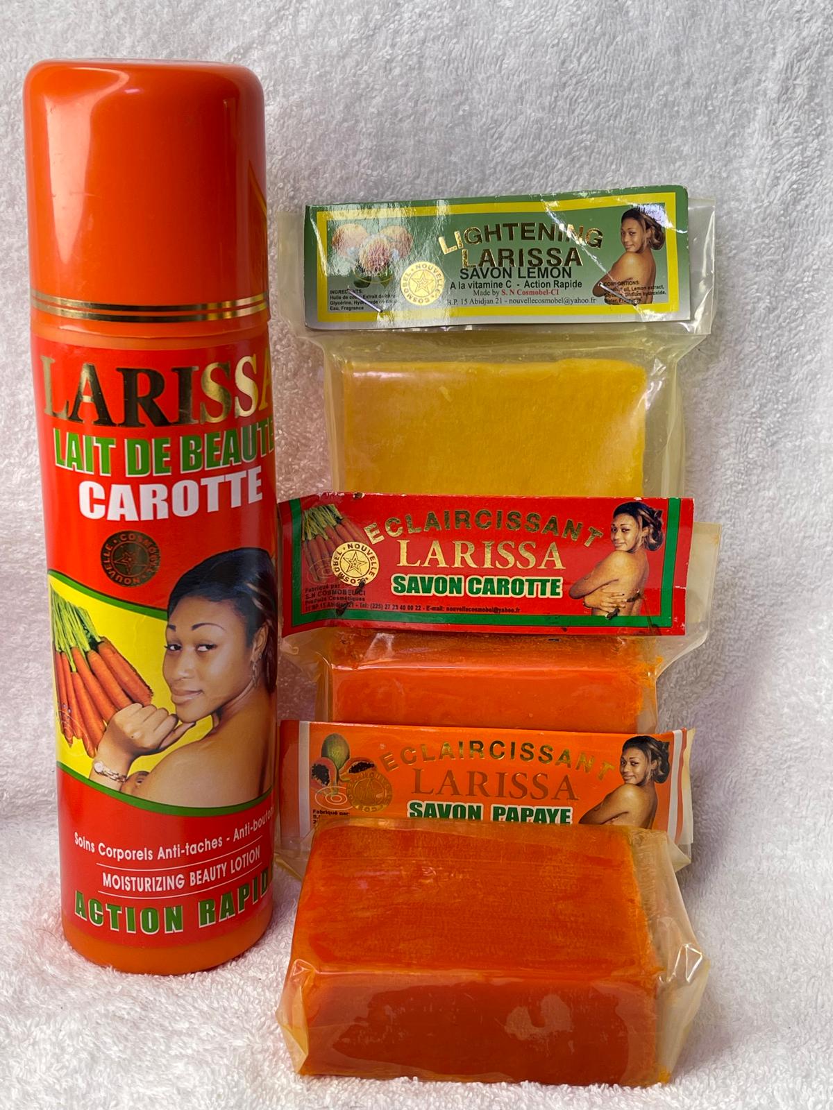 LARISSA LAIT CORPOREL ET LOT DE 3 SAVON LARISSA CATOTTES PAPAYE , LEMON ULTRA ÉCLAIRCISSANT ANTI IMERFECTION