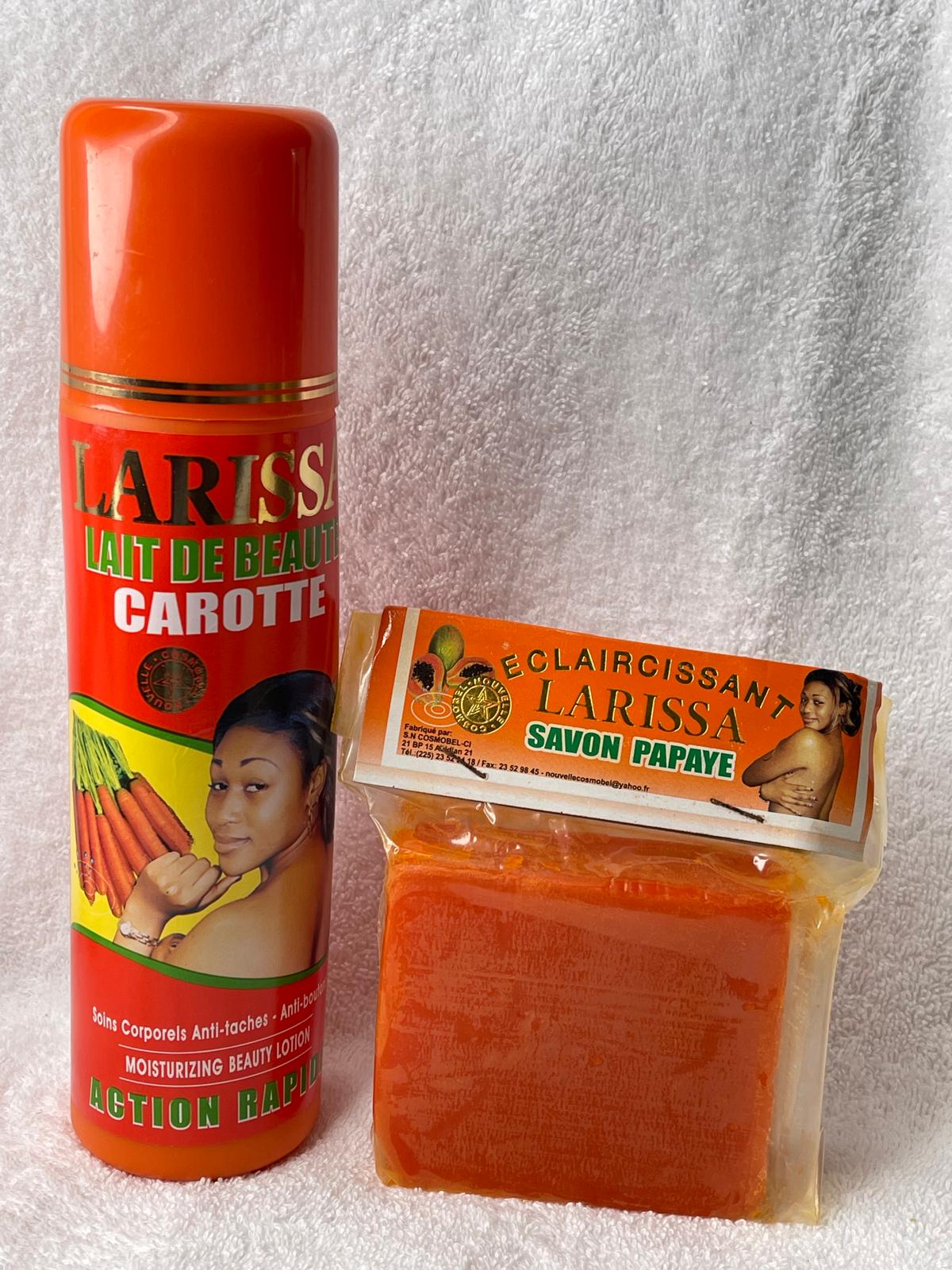 LARISSA LAIT CORPOREL ET LOT DE 3 SAVON LARISSA CATOTTES PAPAYE , LEMON ULTRA ÉCLAIRCISSANT ANTI IMERFECTION