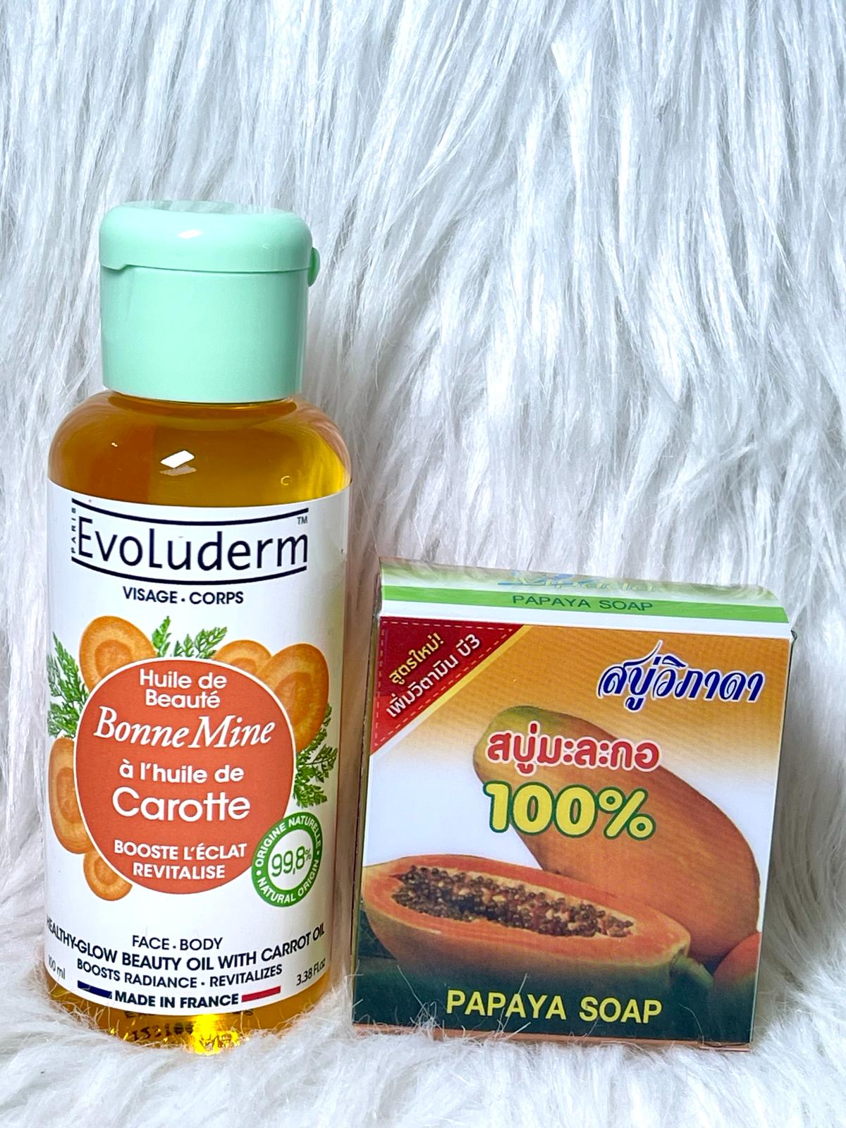 DUO SAVON VIPADA PAPAYEULTRA ÉCLAIRCISSANTE ET L'HUILE DE CAROTTE BONNE MINE  EVOLUDERM BOOSTER D'ECLAT