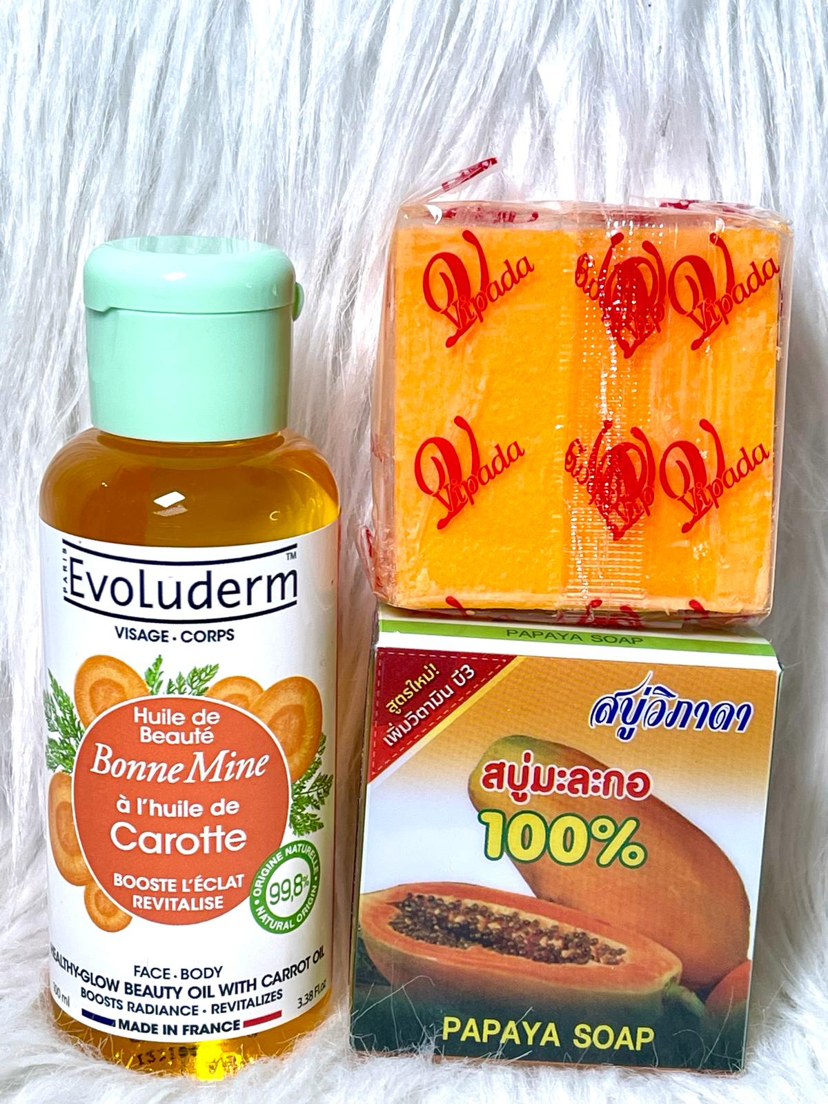 DUO SAVON VIPADA PAPAYEULTRA ÉCLAIRCISSANTE ET L'HUILE DE CAROTTE BONNE MINE  EVOLUDERM BOOSTER D'ECLAT