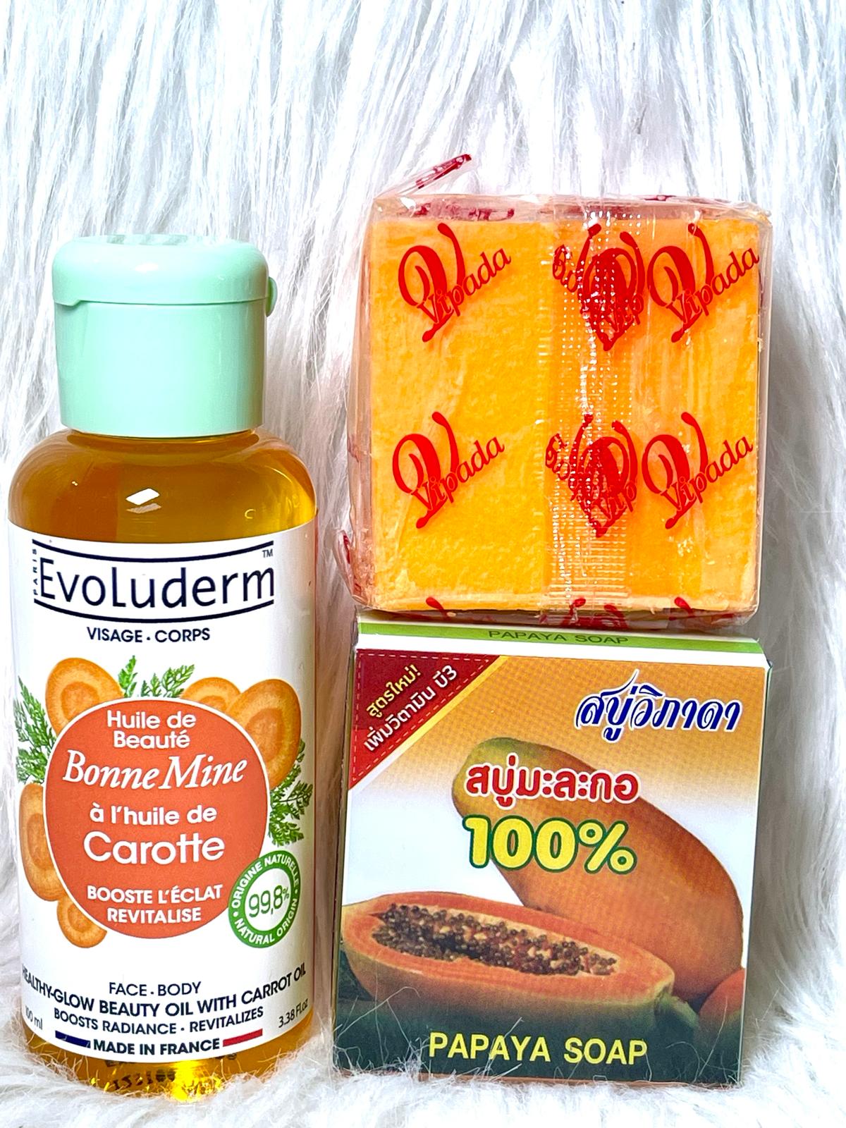 DUO SAVON VIPADA PAPAYEULTRA ÉCLAIRCISSANTE ET L'HUILE DE CAROTTE BONNE MINE  EVOLUDERM BOOSTER D'ECLAT