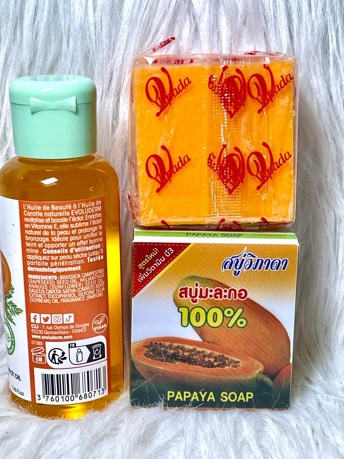 DUO SAVON VIPADA PAPAYEULTRA ÉCLAIRCISSANTE ET L'HUILE DE CAROTTE BONNE MINE  EVOLUDERM BOOSTER D'ECLAT