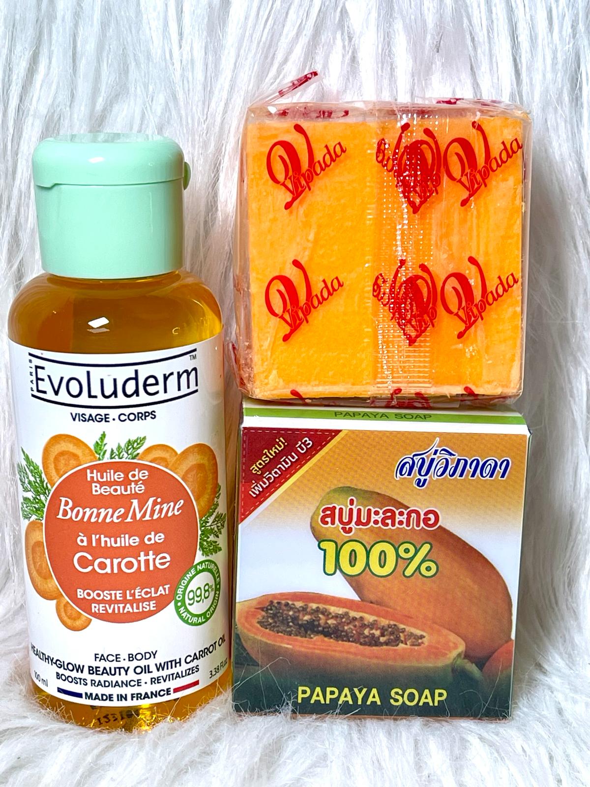 DUO SAVON VIPADA PAPAYEULTRA ÉCLAIRCISSANTE ET L'HUILE DE CAROTTE BONNE MINE  EVOLUDERM BOOSTER D'ECLAT